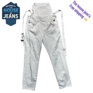 Cream Denim Overalls Women’s Adjustable Straps Size L Cotton Blend Button Bib